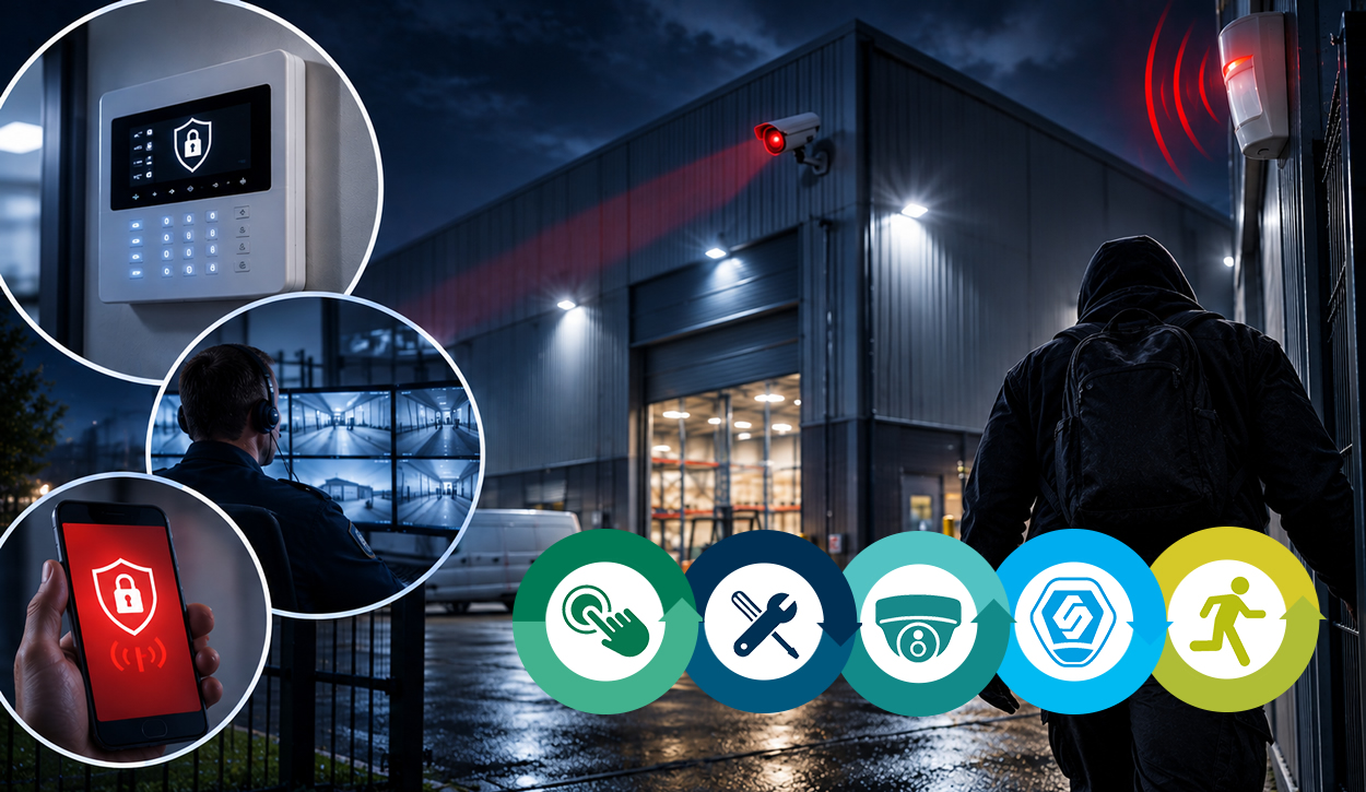 Commercial intruder alarm system protecting business premises