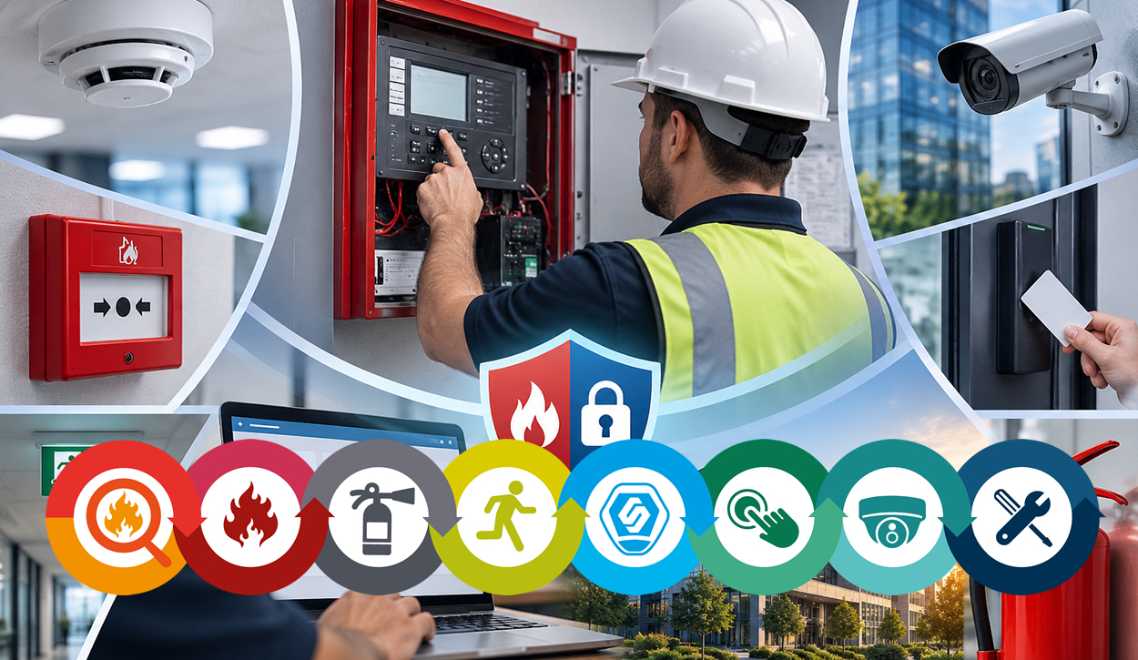 Engineer maintaining commercial fire and security systems