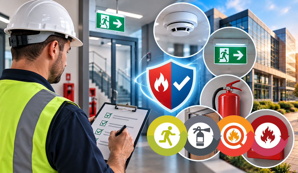 Fire risk assessor carrying out a commercial fire safety assessment