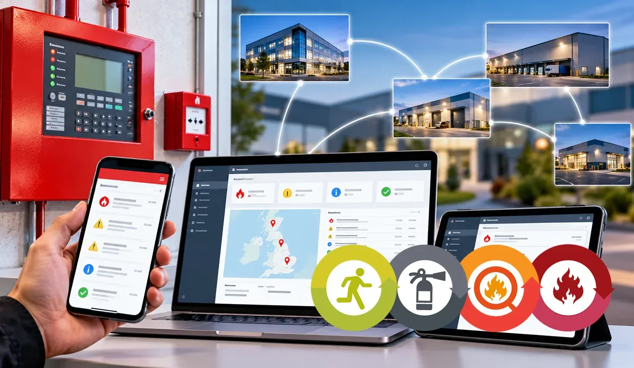 Nimbus fire alarm monitoring across multiple commercial buildings, showing a fire alarm control panel and remote monitoring dashboards on a laptop, tablet and smartphone.