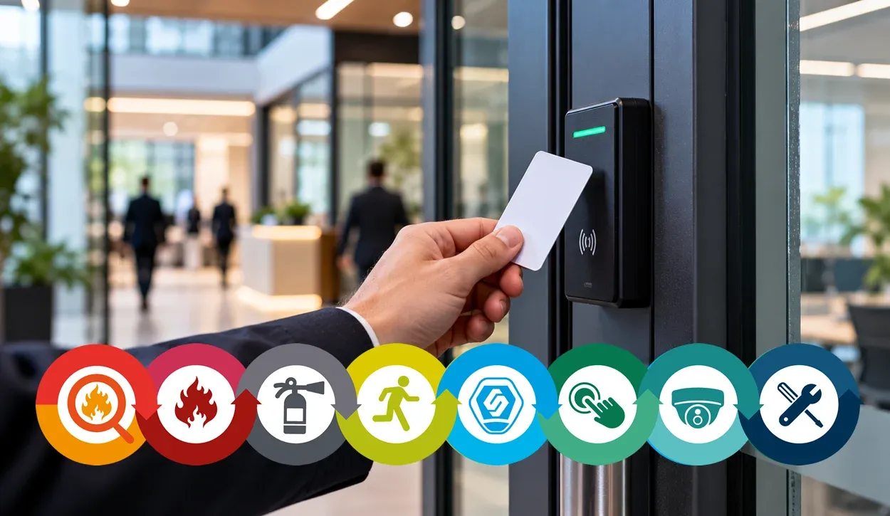 Person using a contactless access card on an electronic door entry reader in a modern commercial building, with SS Systems fire and security service icons.