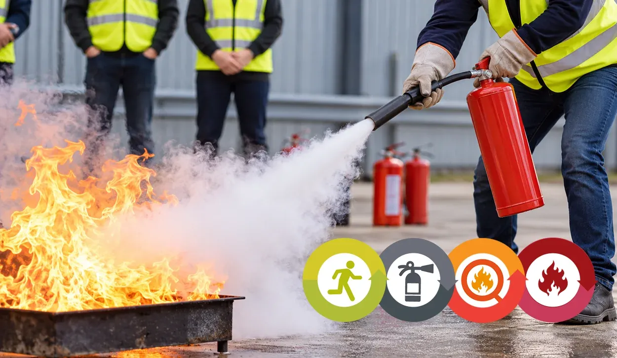 Employee practising fire extinguisher use on a controlled fire during workplace fire safety training