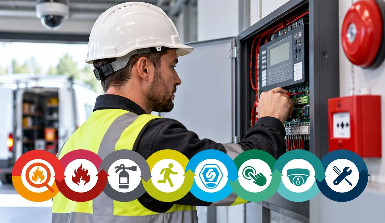 Fire and security engineer working on a fire alarm control panel, with SS Systems fire protection and security service icons.