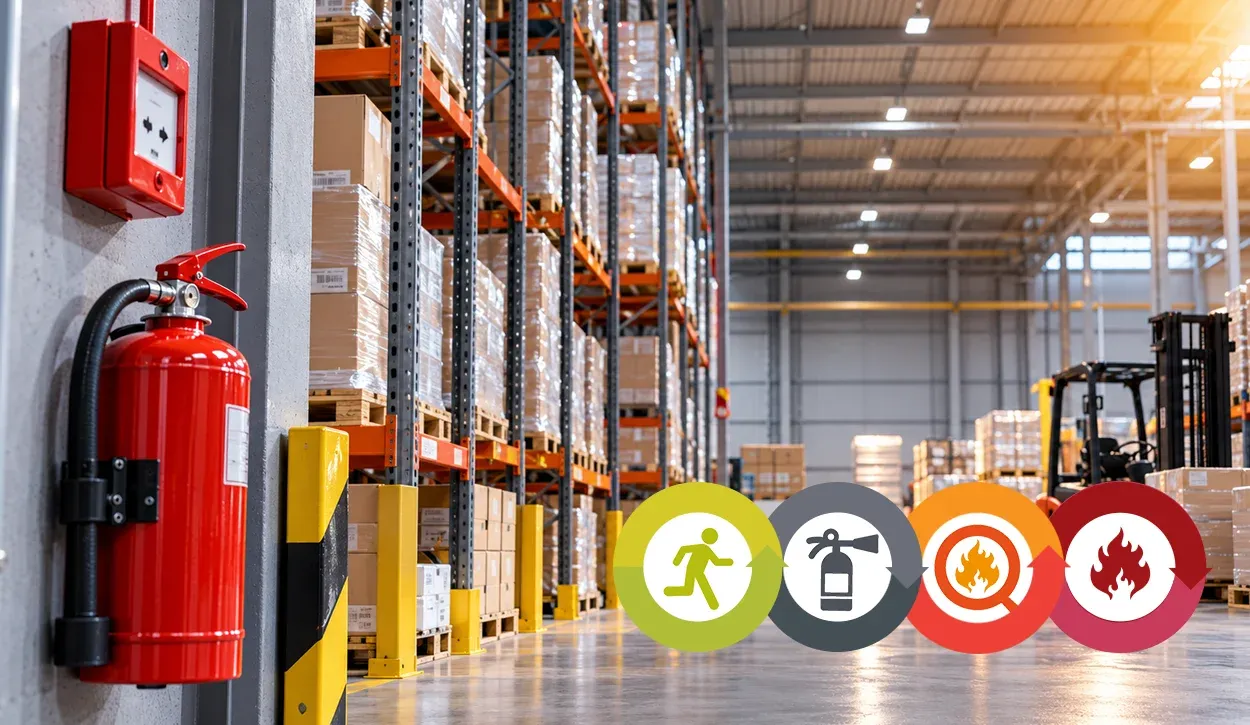 Fire extinguisher and fire alarm call point in a commercial warehouse, with pallet racking, a forklift and SS Systems fire safety icons.