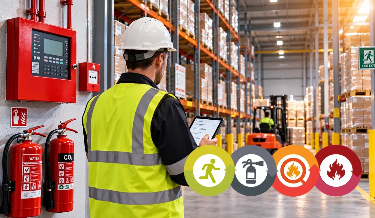 Warehouse worker checking fire safety information on a tablet, with a fire alarm control panel, fire extinguishers, pallet racking and SS Systems fire safety icons.